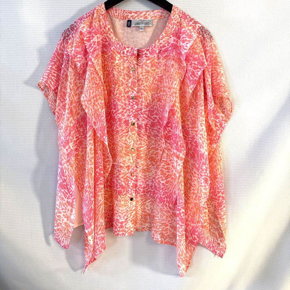 Jennifer Lopez Coral Button Front Blouse Lined - L - boho feminine flowy